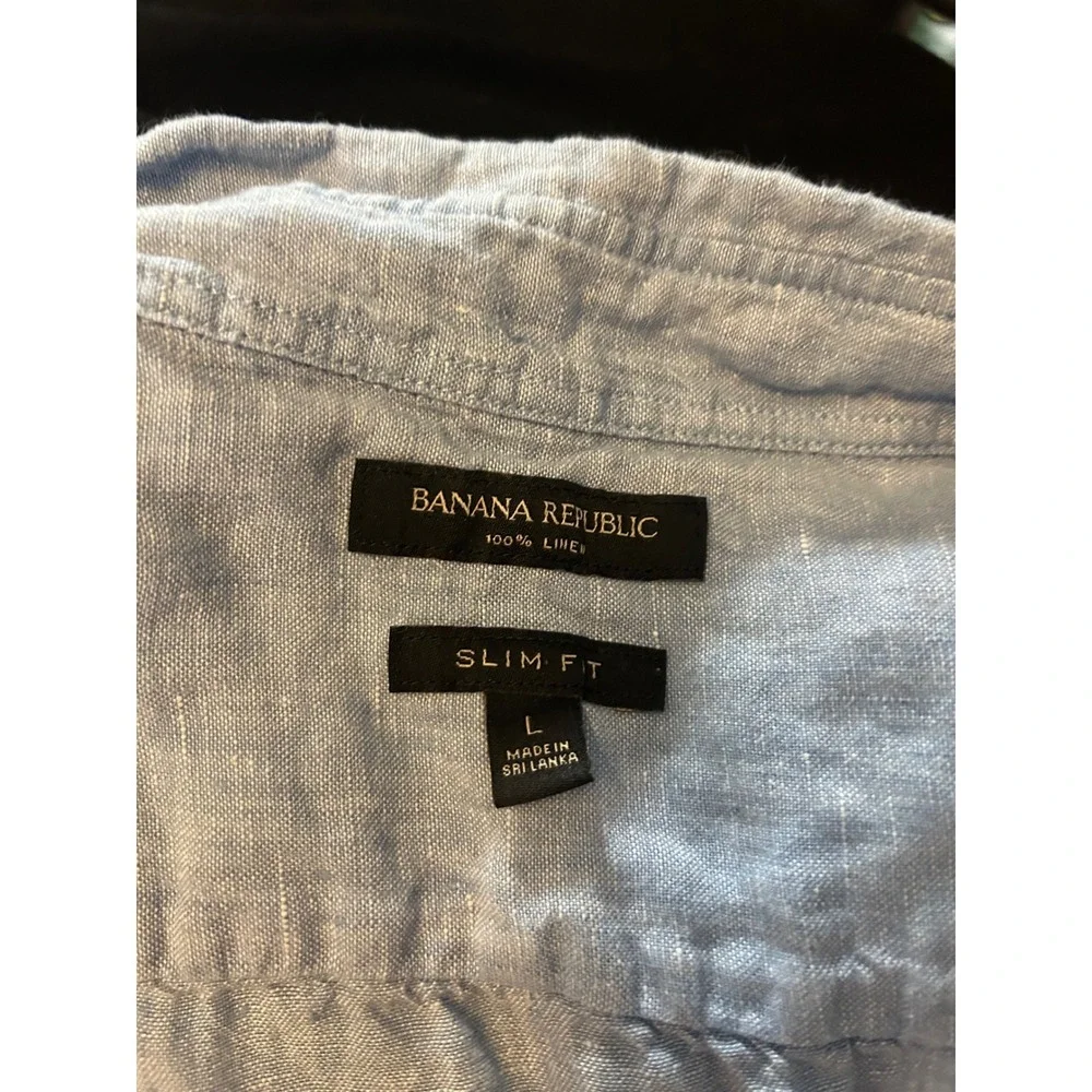 Banana Republic Mens Large Slim 100% Linen Short Sleeve Button Down Shirt Blue